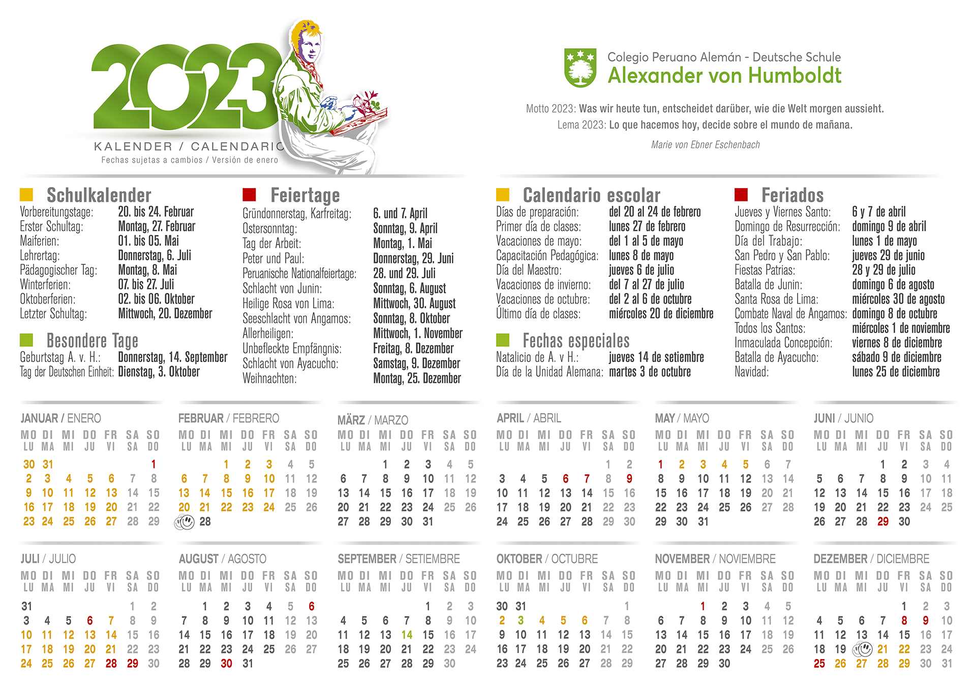 Calendario escolar 2023 Colegio Alexander von Humboldt