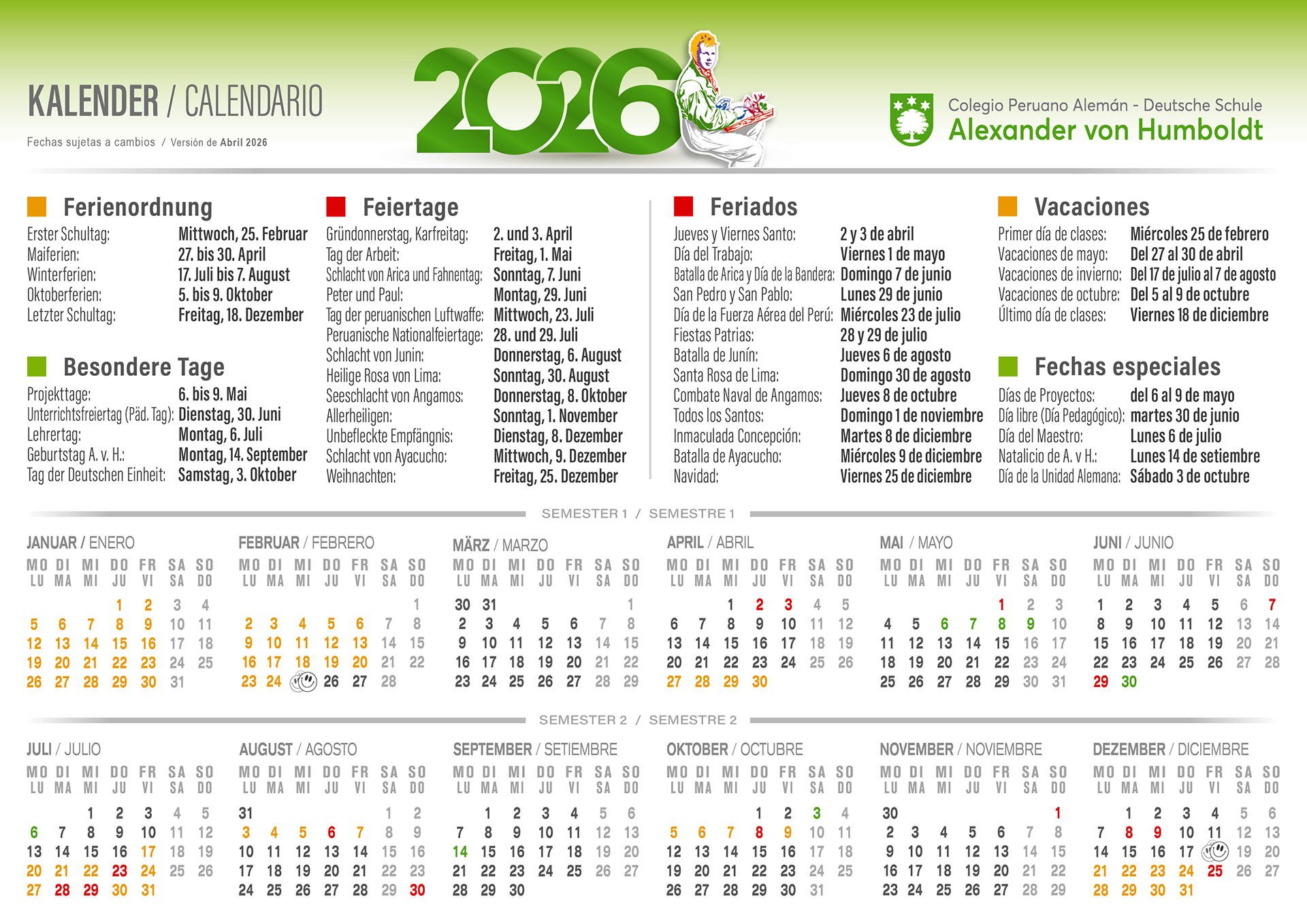 Calendario escolar 2025 Colegio Alexander von Humboldt