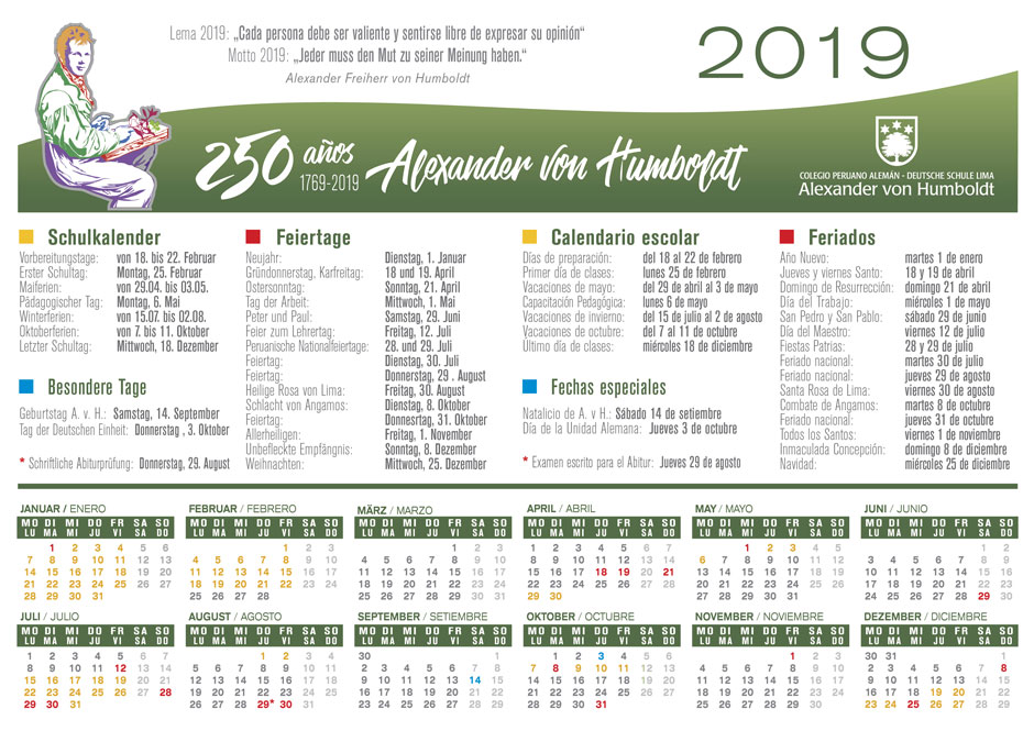 Calendario escolar Diversos Colegio Peruano Alemán Alexander von Humboldt